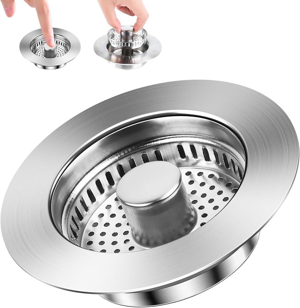afvoerzeef keukenspoelbak en wastafelstop, 3-in-1 roestvrijstalen pop-up afvoerplug met zeef, spoelbakzeef voor spoelbakboring 75-86 mm, diepte > 37 mm