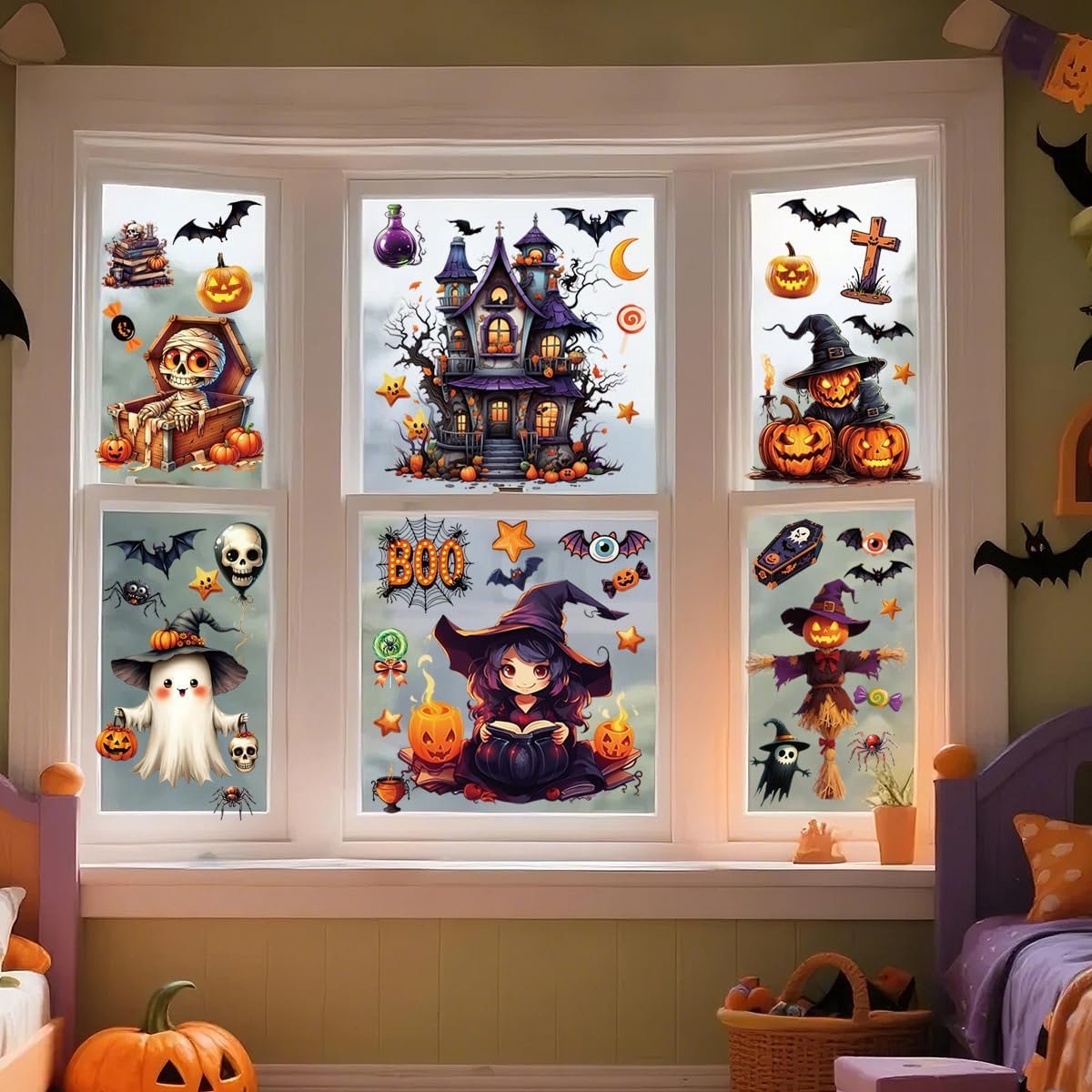 Ulisem - Halloween Raamstickers 6 Vellen – Herbruikbare Raamdecoratie met Pompoenen, Spoken & Vleermuizen – Statische Raamstickers voor Huis, School, Kantoor & Halloween Feest
