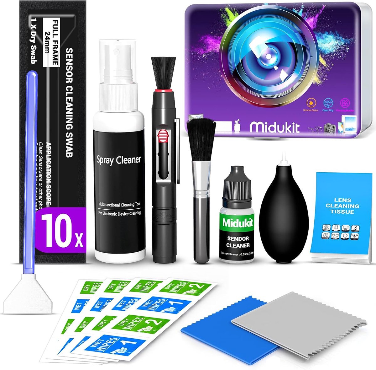 SnelShoppen - Camera Lens Cleaning Kit voor Volle Frame Sensoren met 10 Wattenstaafjes, Sensorreiniger, Lensreiniger, Borstel, Blazer, Doek, Schoonmaa