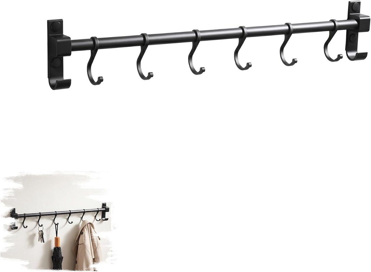 keuken, 40 cm, keukenhouder met 6 verstelbare haken, aluminium keukenhaaklijst, multifunctionele keukenreling in zwart, voor soeplepels, snijplanken, scharen