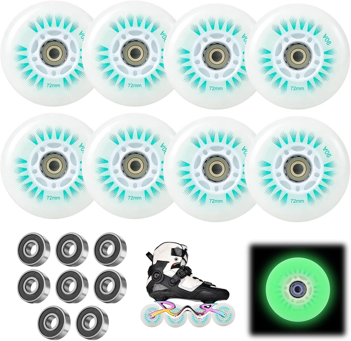 Inline Skate Rollen, 72/76/80mm Inliner Rollen 8 stuks, Inline Skate onderdelen wielen met kogellagers, Inliner Skate wielen, Universele PU wielen voor alle soorten rolschaatsen (72MM)