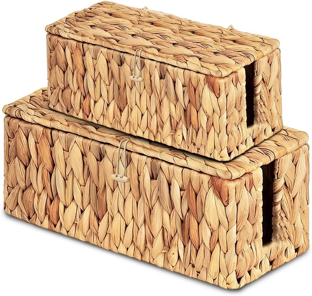 SnelShoppen - 2 stuks handgemaakte kabelbox van waterhyacint met stekkerdoos en afdekking, kabelmanagementbox met zijdelingse opening voor netjes verb