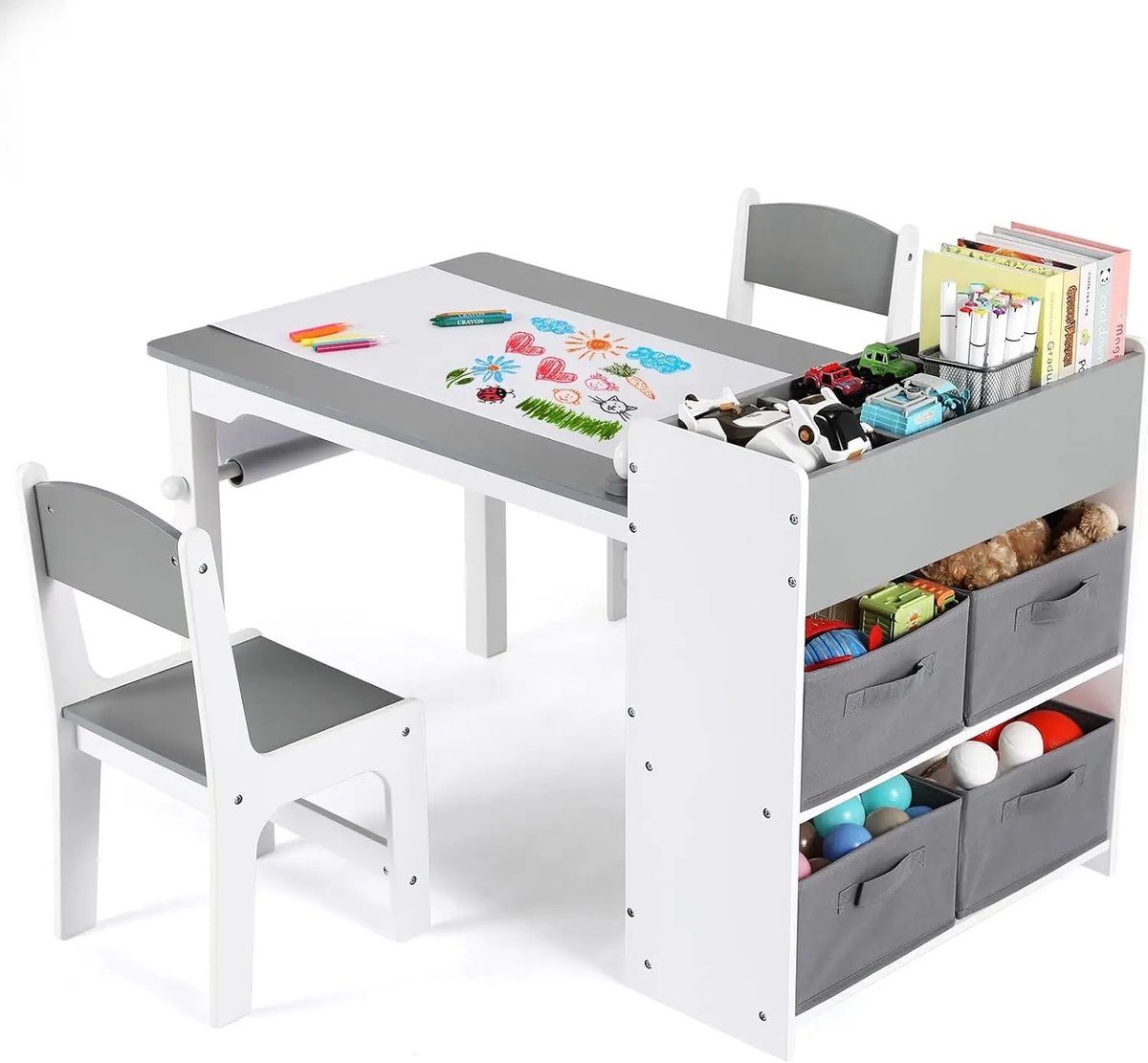 AALVERO - Knutseltafel - Hobbytafel - Speeltafel - Inclusief 2 stoelen - Opbergbakken - 102 x 55 x 64 cm - Hout - Grijs/Wit