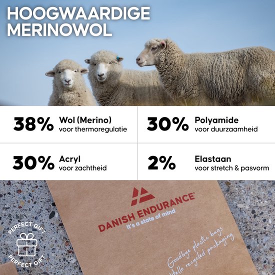 Drie merinoschapen met tekst: 'Hoogwaardige Merinowol' en percentages wol, polyamide, acryl en elastaan.