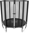 Zwarte ronde trampoline van 140 cm met veiligheidsnet en Tycano logo.