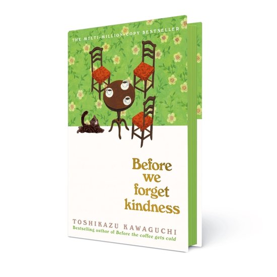 Livre 'Before We Forget Kindness' avec un fond vert à motif floral, une table ronde avec des chaises et un chat.
