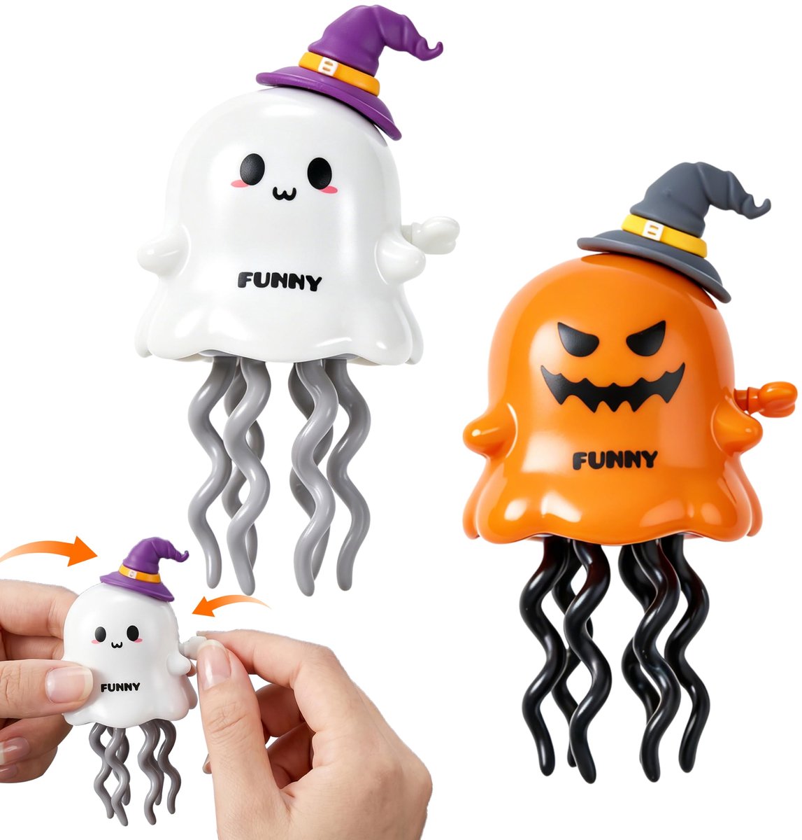 Namajunas - Opwindbaar Halloween pompoen en geest speelgoed - 2 stuks - Opwindbaar kronkel-speelgoed dat over de grond glijdt - Speelgoed voor kinderen - Antistress- en educatief speelgoed - Halloween feestcadeaus en snoep- of kwaad speelgoed