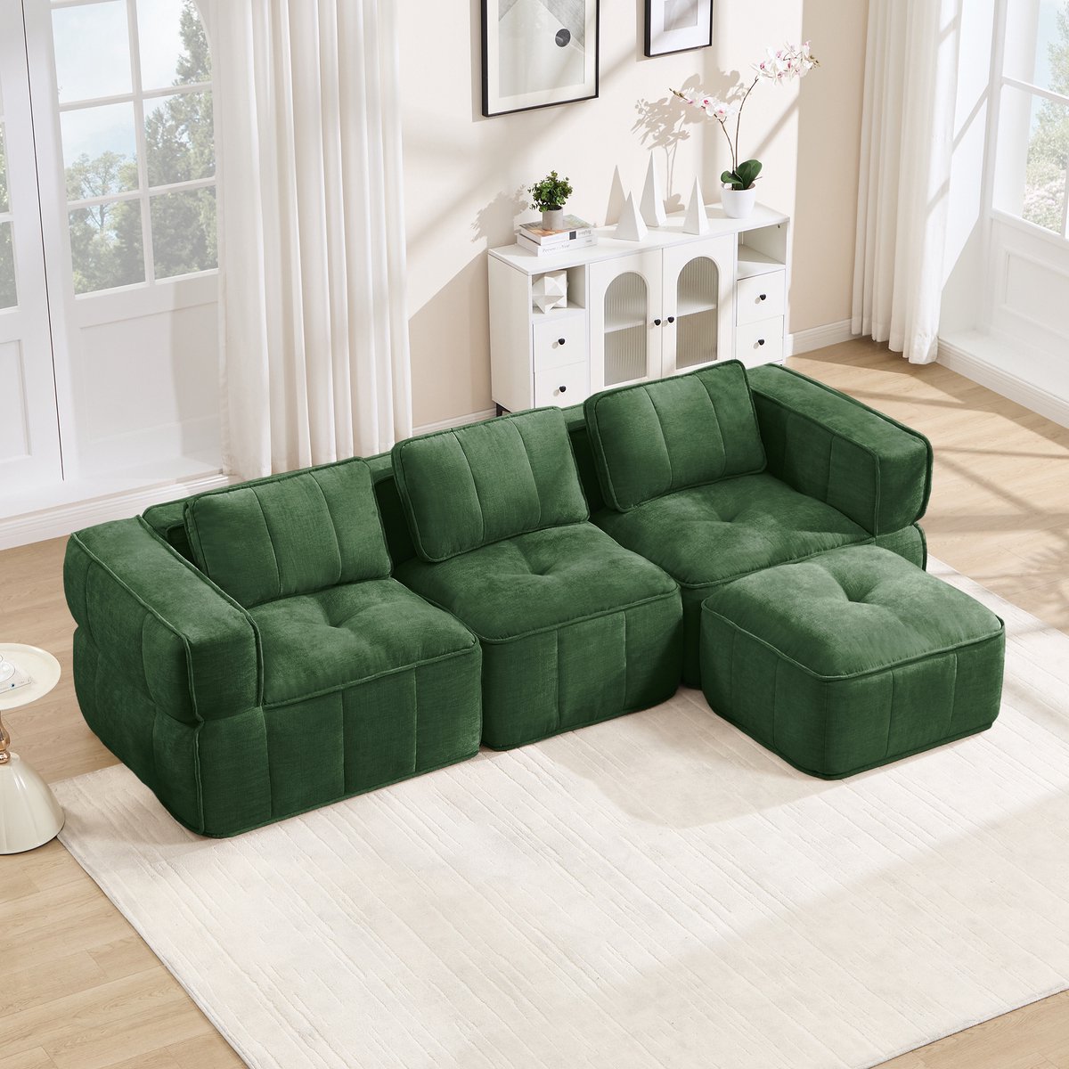 Moderne Hoekbank, L-Bank, 3-Zits bank, 3-Zits L-Vormige, Frameloze Modulaire Bank Met 1 Poef, Frameloos Ontwerp, 32D Schuim Met Hoge Dichtheid, Diepe Zitkussens, Comfortabele Stof, Ideaal Voor De Woonkamer-Groente