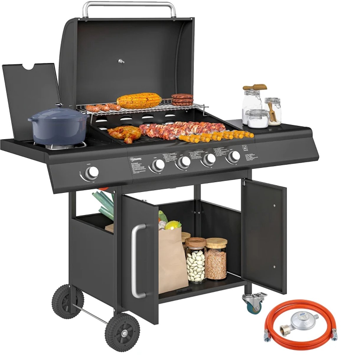 Gasbarbecue - Gasbarbecue en grill - 5 Branders - Met slang en thermometer - Zwart