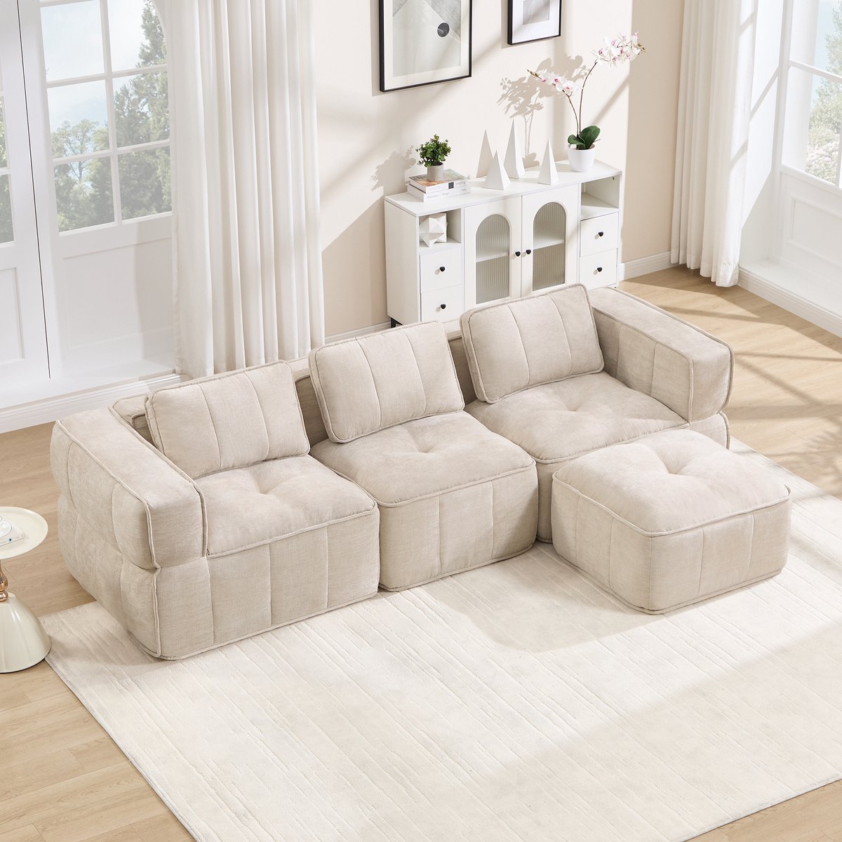 Moderne Hoekbank, L-Bank, 3-Zits bank, 3-Zits L-Vormige, Frameloze Modulaire Bank Met 1 Poef, Frameloos Ontwerp, 32D Schuim Met Hoge Dichtheid, Diepe Zitkussens, Comfortabele Stof, Ideaal Voor De Woonkamer-Beige