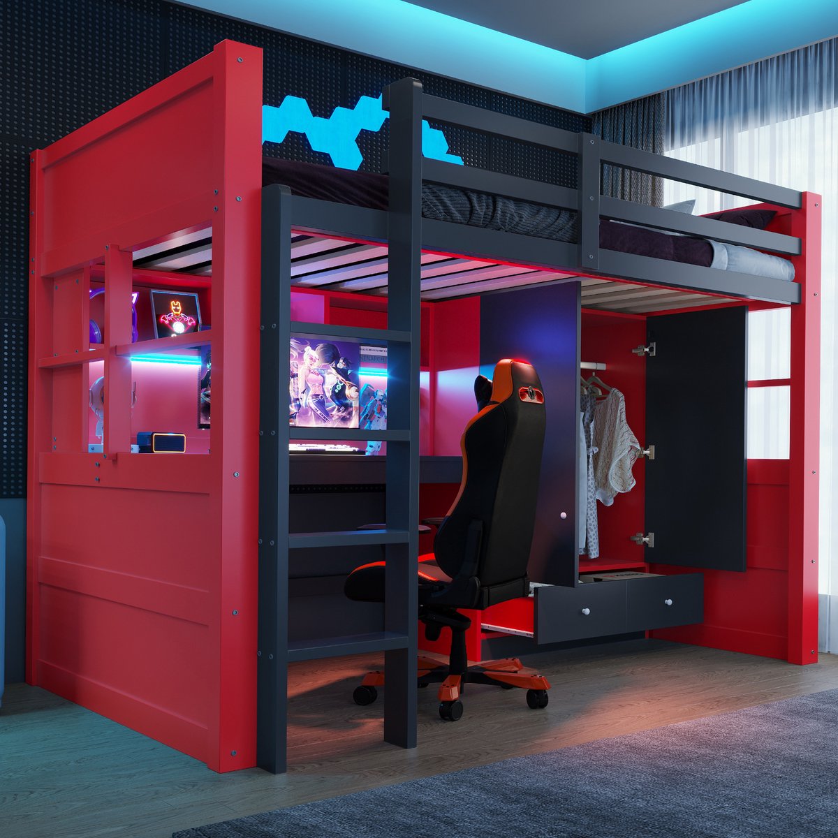 Hoogslaper 90 X 200 Cm, Tienerhoogslaper - Kinderhoogslaper, Hoogslaper Met Opbergruimte, Met Ladder, Opbergruimte En Tafel, Met Kledingkast En Lades, Kinderbed, Tienerbed, Eenpersoonsbed In Gamingstijl-Rood