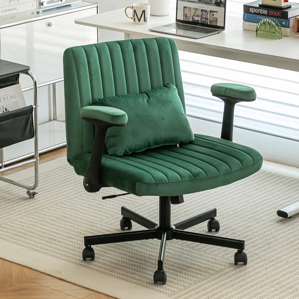 REDOM - Bureaustoel - Velours bekleding - Hoogteverstelbaar en 360° draaibaar - Inklapbare armleuningen - Modern - Home office - Stof - 92,9 x 70 cm