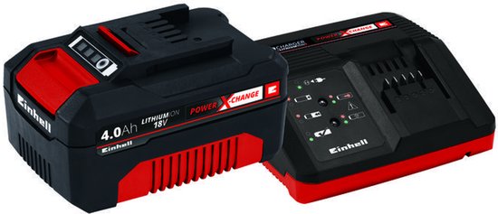 Einhell 18V 4.0 Ah Power X-Change accu en snellader met rode en zwarte details.