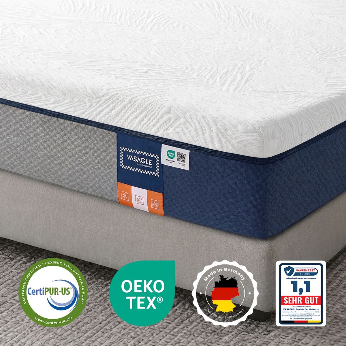 Matras 90 x 200 x 20 cm – gel-traagschuim – 7 zones – gemiddelde stevigheid – afneembare hoes – ademend – Blauw