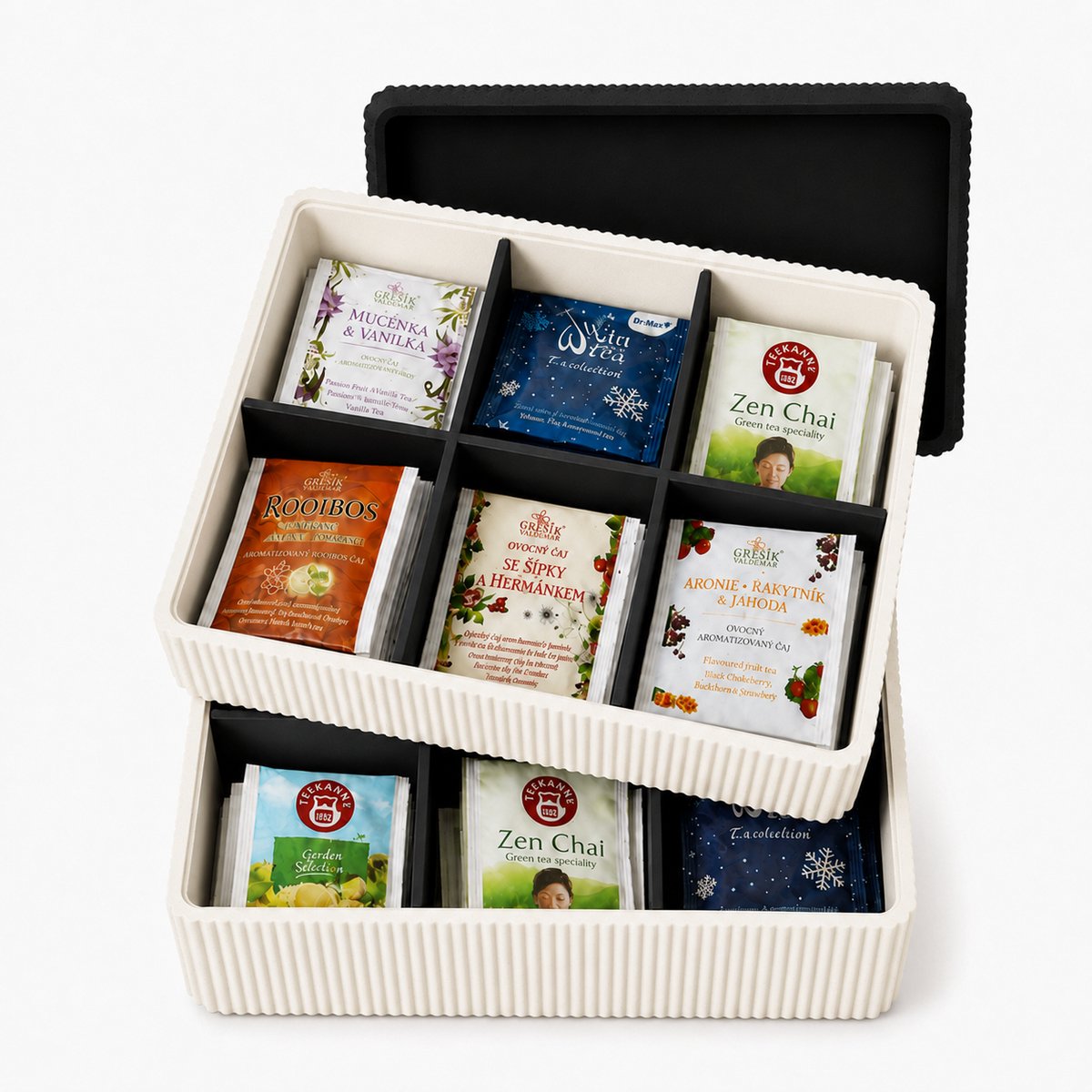 Tea Collection – Theedoos met Vakjes – Theezakjes Organizer – Geribbeld Design – Inclusief Deksel en 2 lagen