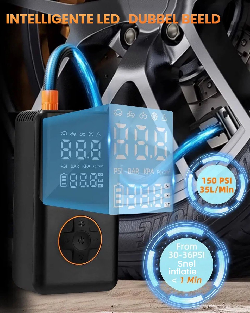 Draagbare bandenpomp 150 PSI - digitale drukmeter, 3x sneller, voor auto en fiets, zwart,Mini luchtcompressor voor motor, fiets en ballen thumbnail 2