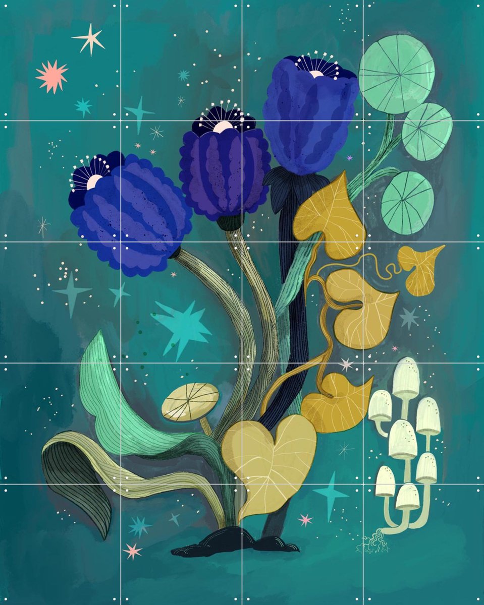 IXXI Magic Teal Flower Garden, Lena Addink - 80 x 100 cm - Gratis ophangtool - Grote wanddecoratie en posters - Speels, Illustraties, Fantasierijk