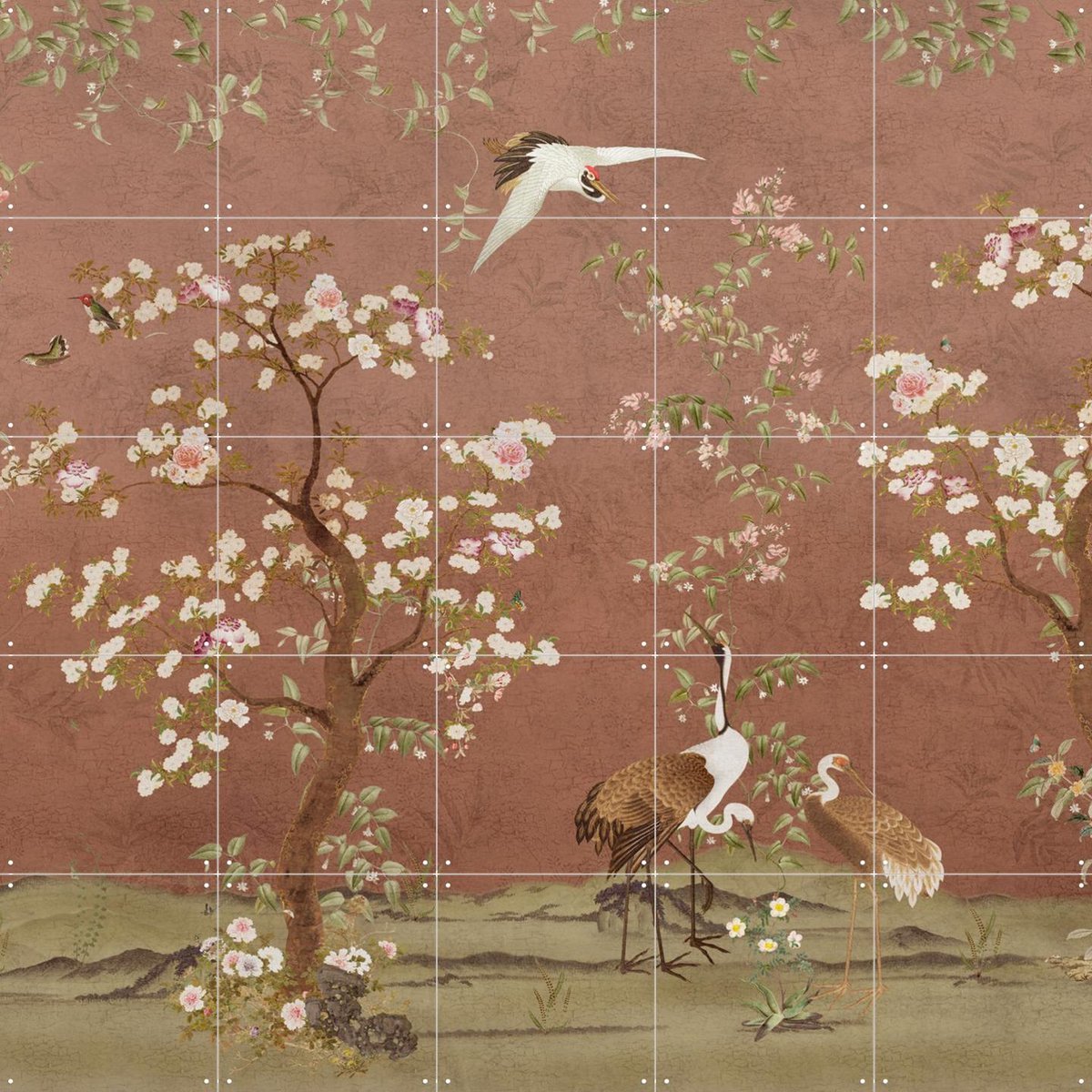 IXXI Chinoiserie Birds And Blossom Trees Terracotta, Bloomery Decor - 100 x 100 cm - Gratis ophangtool - Grote wanddecoratie en posters -