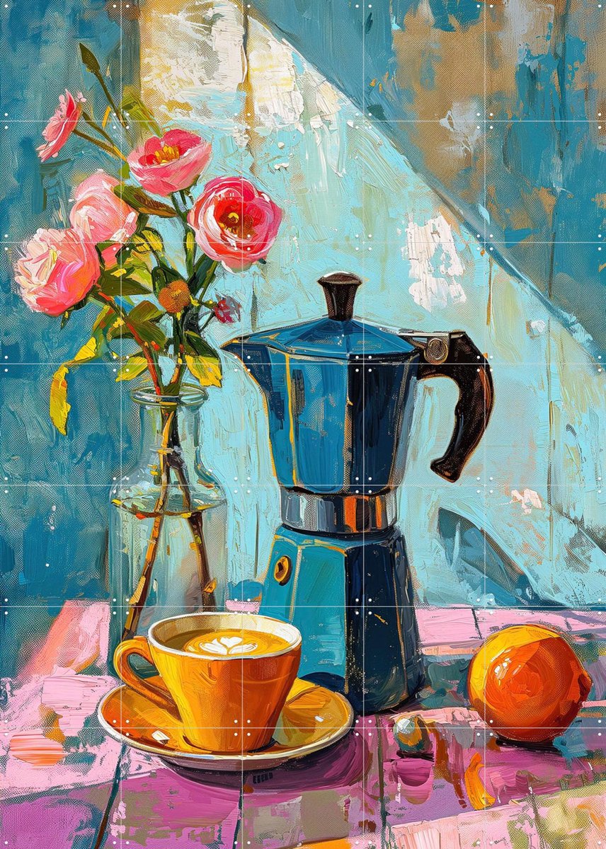 IXXI Painting of an Espresso Coffee Pot, OTTI - 100 x 140 cm - Gratis ophangtool - Grote wanddecoratie en posters - Kwaststreken, Olieverf, Modern
