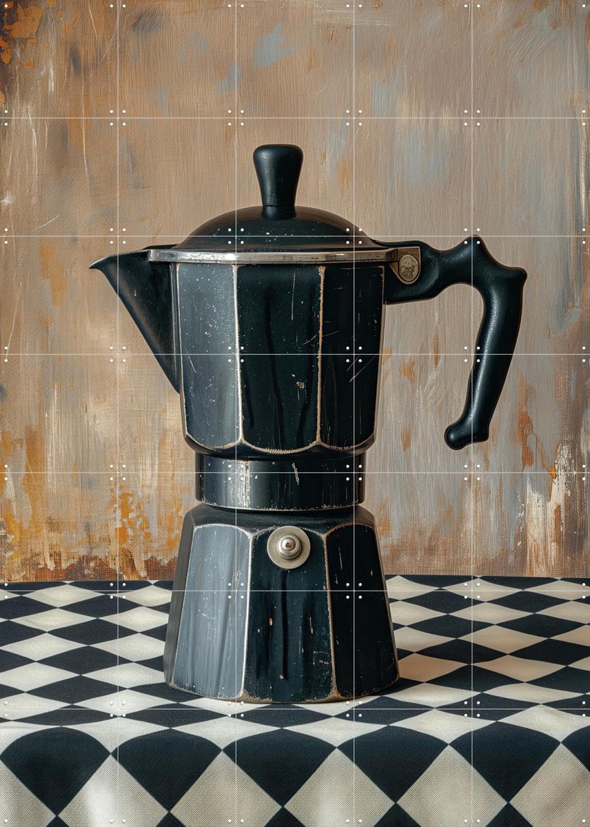 IXXI Zwarte Koffie Percolator op Geruit Tafelkleed, OTTI - 100 x 140 cm - Gratis ophangtool - Grote wanddecoratie en posters - Klassiek, Abstract