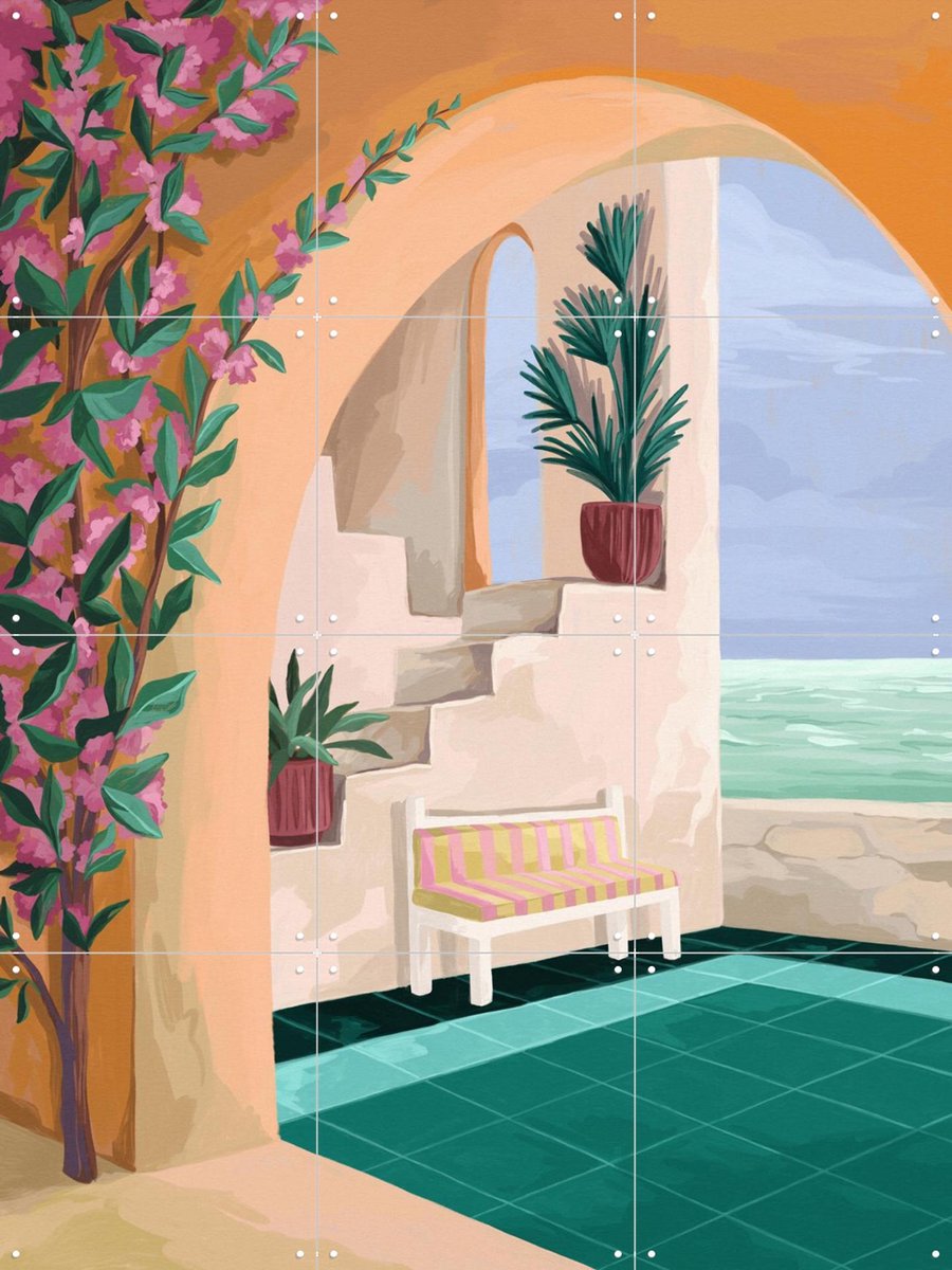 IXXI Bench With A View, Goed Blauw - 60 x 80 cm - Gratis ophangtool - Grote wanddecoratie en posters - Speels, Fantasierijk, Digitale Kunst