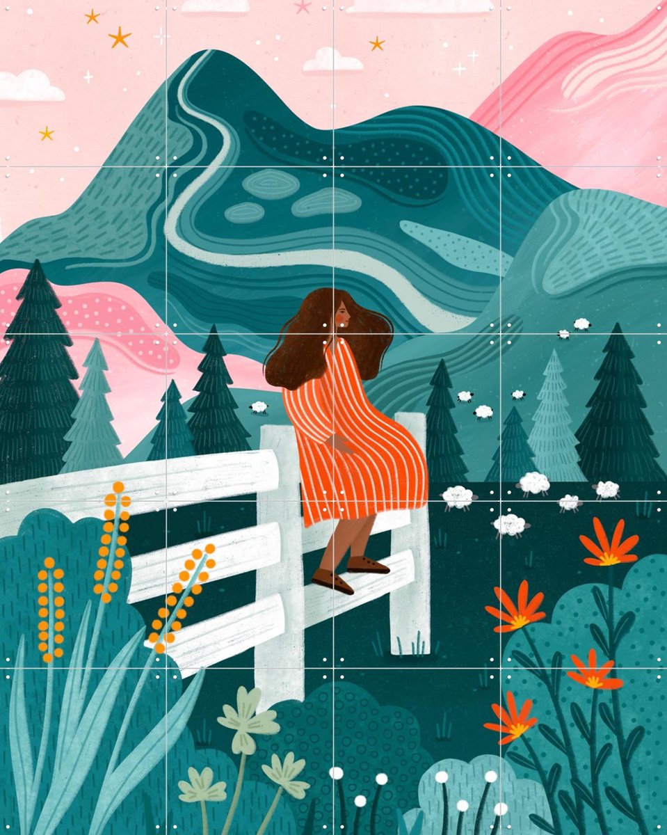 IXXI Dreamy Mountain View, Bea Müller & Various - 80 x 100 cm - Gratis ophangtool - Grote wanddecoratie en posters - Modern, Illustraties, Kleurrijk