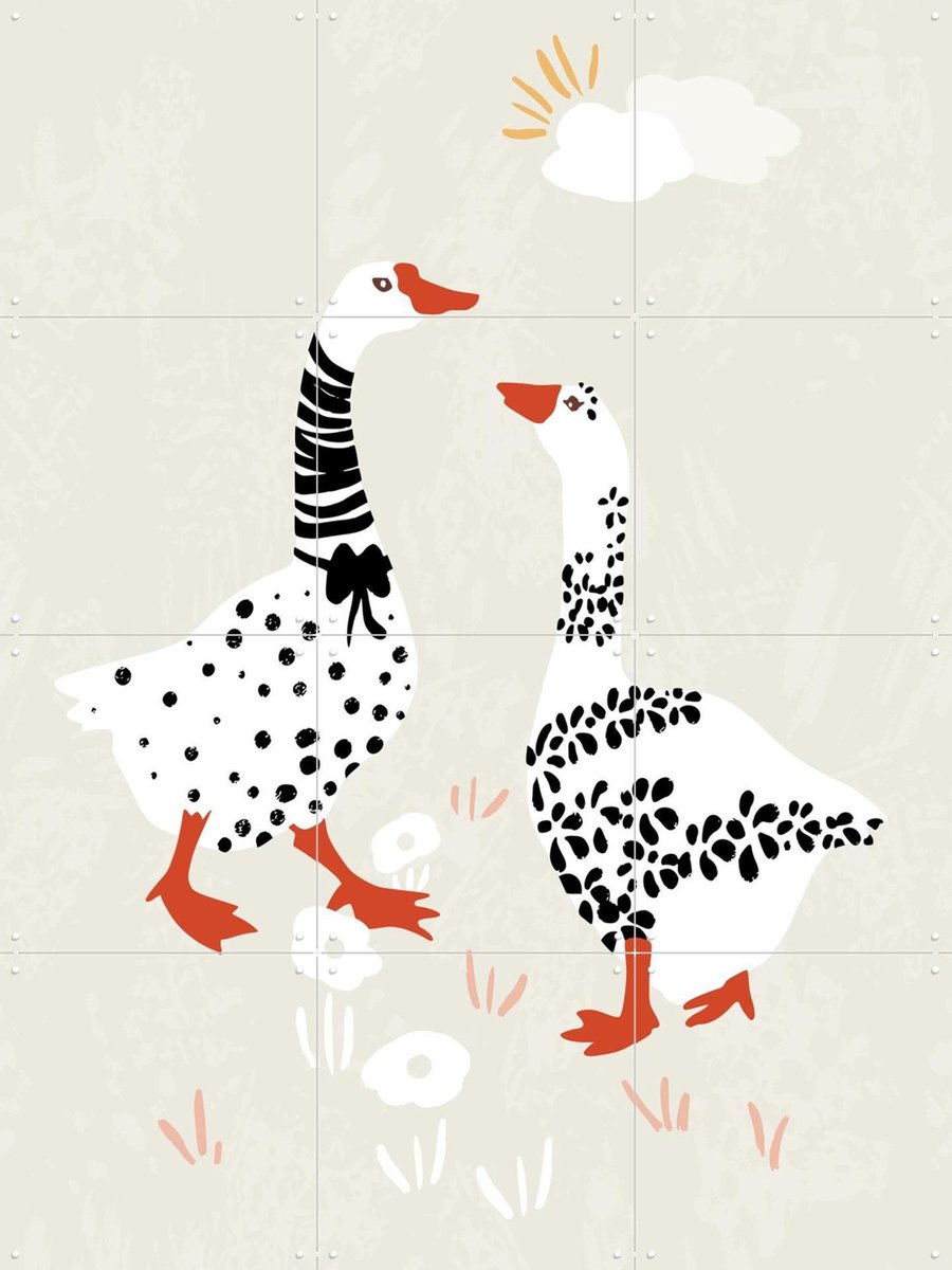 IXXI Two Goose Friends In The Meadow, Annick & Various - 60 x 80 cm - Gratis ophangtool - Grote wanddecoratie en posters - Digitale Kunst, Cartoonesk