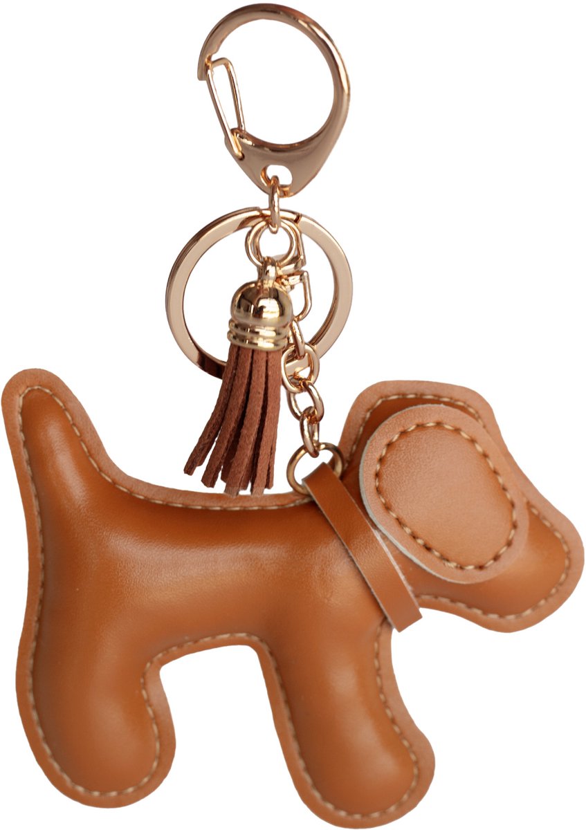Hond Sleutelhanger Bruin - Bag Charm - Kunstleren Tas Hanger - Sleutelhanger met Kwastje - Cognac Bruin
