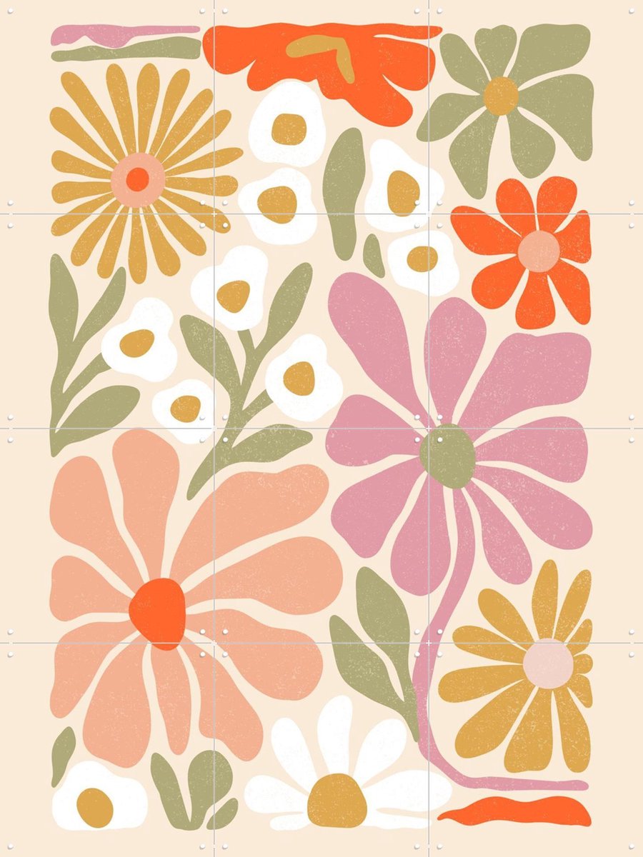 IXXI Flower Power Orange Pink, Katarzyna Gąsiorowska & Various - 60 x 80 cm - Gratis ophangtool - Grote wanddecoratie en posters - Retro, Kleurrijk