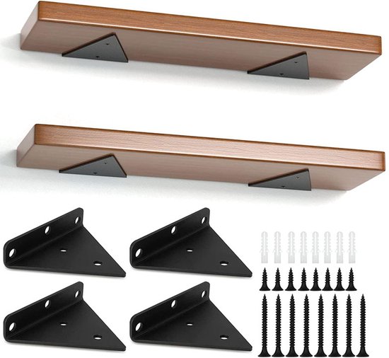 Ensemble de 4 supports d'étagère triangulaires noirs avec vis et chevilles. Deux étagères flottantes en bois montées.