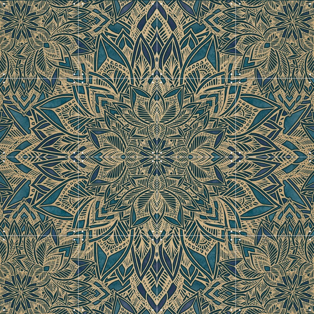 IXXI Art Deco Mandala Teal Gold, Bloomery Decor - 80 x 80 cm - Gratis ophangtool - Grote wanddecoratie en posters - Geometrische Kunst, Line art