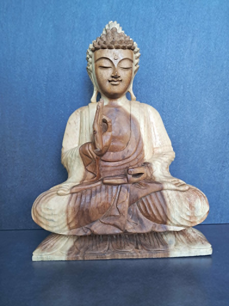 Bouddha en bois sur un lotus/vitarka mudra/fait main/décoration zen