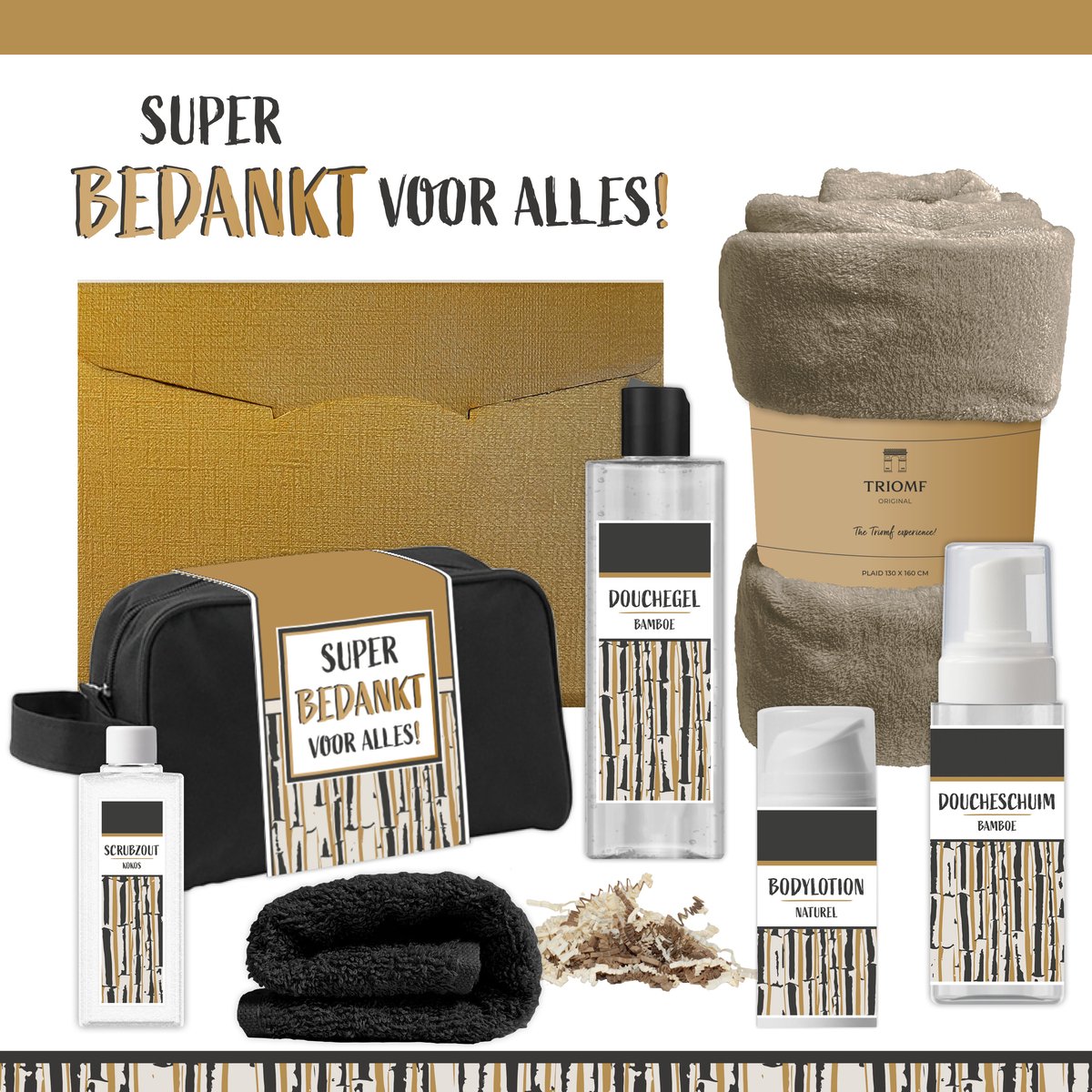 Geschenkset “Super bedankt voor alles!” - 7 producten - 1390 gram | Giftset voor hem Vader Papa Cadeau Luxe Wellness Pakket Man Speciaal Cadeaupakket Doos Handdoeken Fleecedeken Geschenk Cadeaudoos Verjaardag Vaderdag Gift Set Douche Taupe Goud