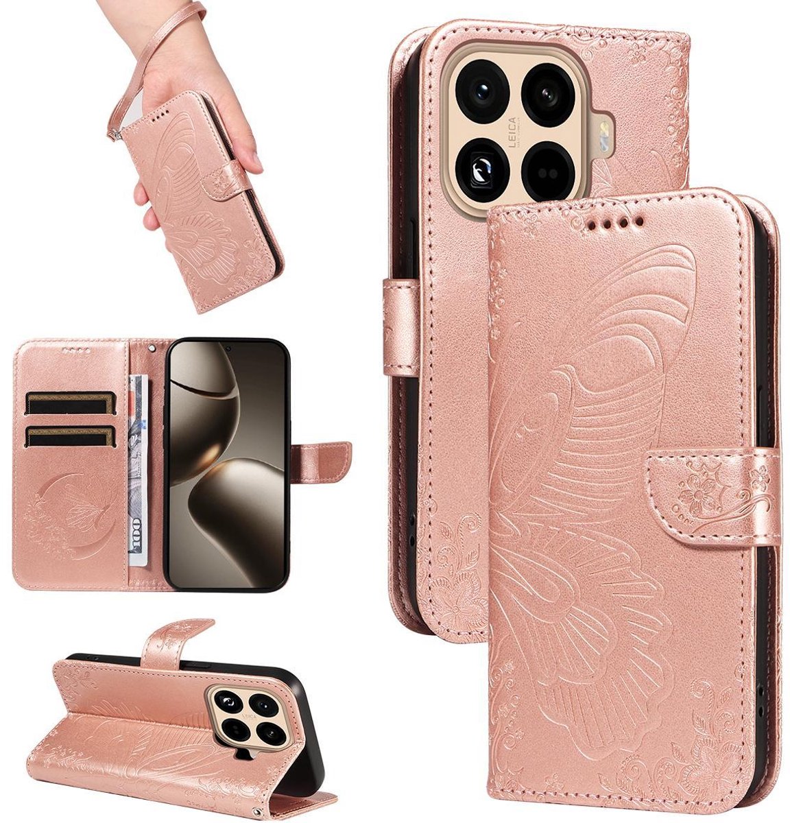 Mobigear Telefoonhoesje geschikt voor Xiaomi 15T Pro Hoesje | Mobigear Butterfly Bookcase Portemonnee | Pasjeshouder voor 2 Pasjes | Telefoonhoesje voor Pinpas / OV Kaart / Rijbewijs - Roségoud