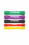 Cinq bandes de résistance FITEDGE vertes, violettes, noires, rouges et jaunes.