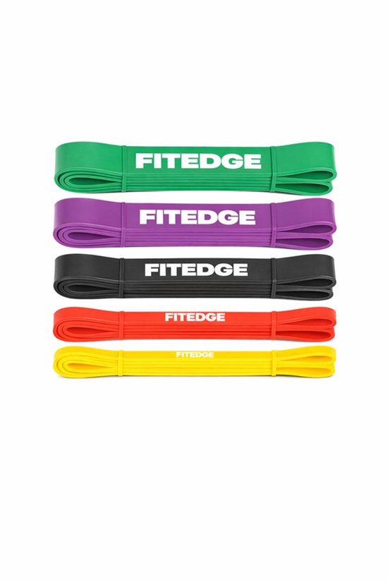 Cinq bandes de résistance FITEDGE vertes, violettes, noires, rouges et jaunes.