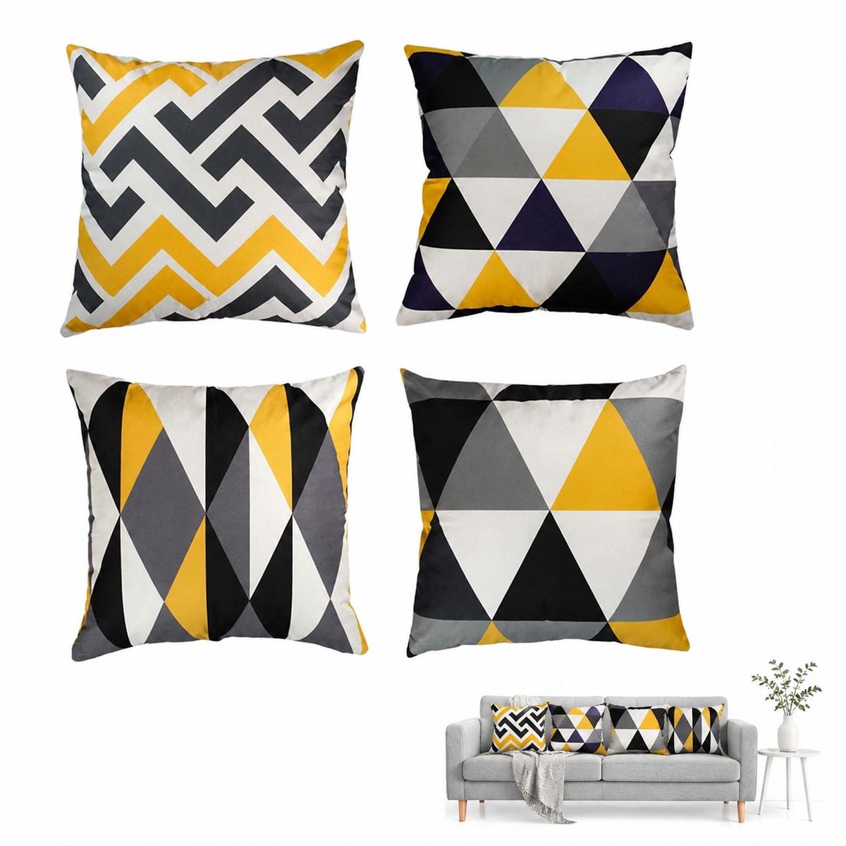 VHV - Kussenhoezen 40 x 40 cm - Set van 4 gele geometrische hoezen met ritssluiting - voor binnen en buiten