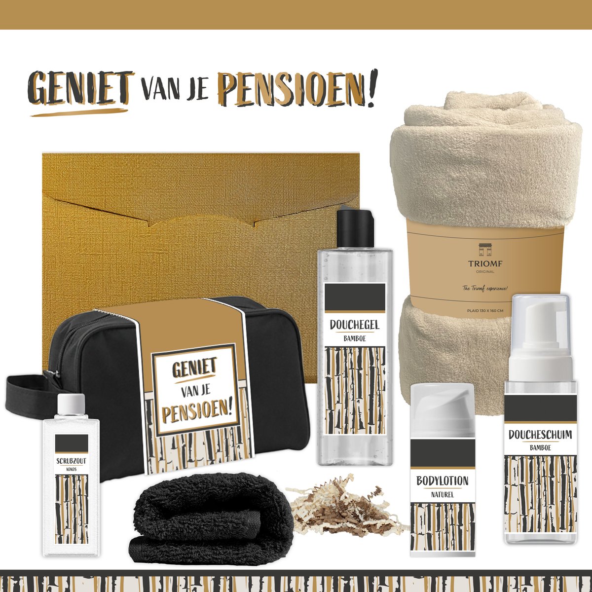 Geschenkset “Geniet van je pensioen!” - 7 producten - 1390 gram | Giftset voor hem Vader Papa Cadeau Luxe Wellness Pakket Man Speciaal Cadeaupakket Doos Handdoeken Fleecedeken Geschenk Cadeaudoos Verjaardag Vaderdag Gift Set Douche Beige Goud