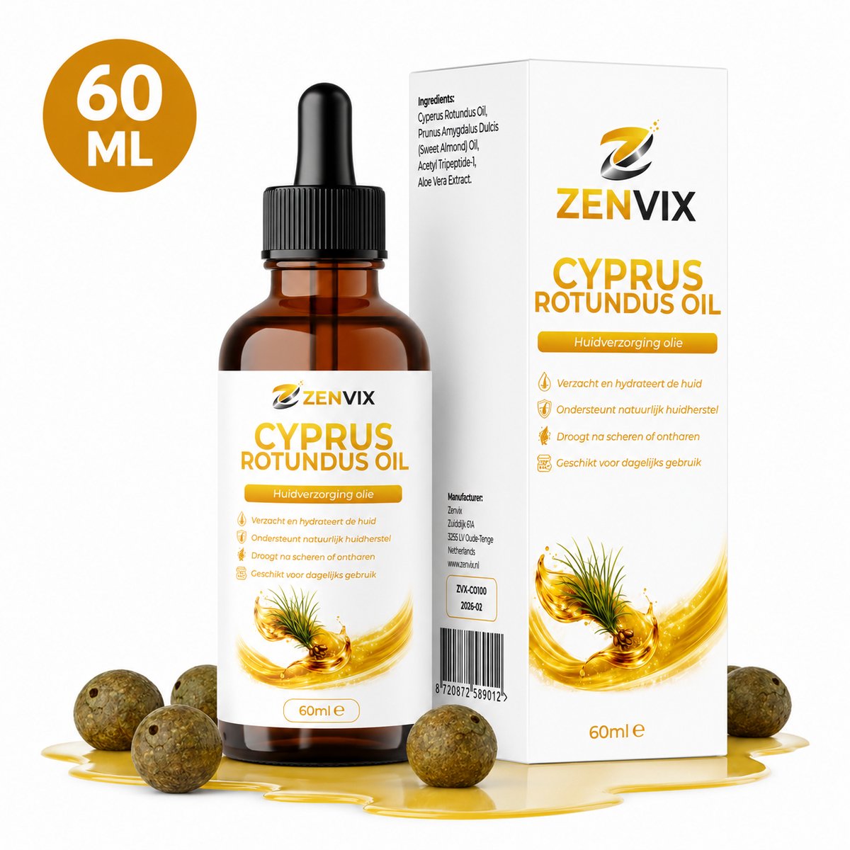 Zenvix® Cyperus Rotundus Olie 60 ml – Antihaargroei Oil – Ontharingscreme – Ontharing - Hair Removal Cream - Kalmeert & Hydrateert Huid - Vermindert Haargroei