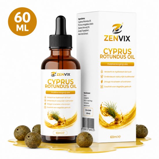 Zenvix Cyprus Rotundus Olie 60ml fles met druppelaar en doos, met ingrediënten en gebruiksaanwijzing.