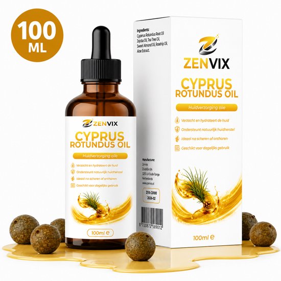 Amberkleurig flesje met druppelaar, 100 ml, met Zenvix logo en tekst "Cyprus Rotundus Oil". Omringd door kleine bruine balletjes.