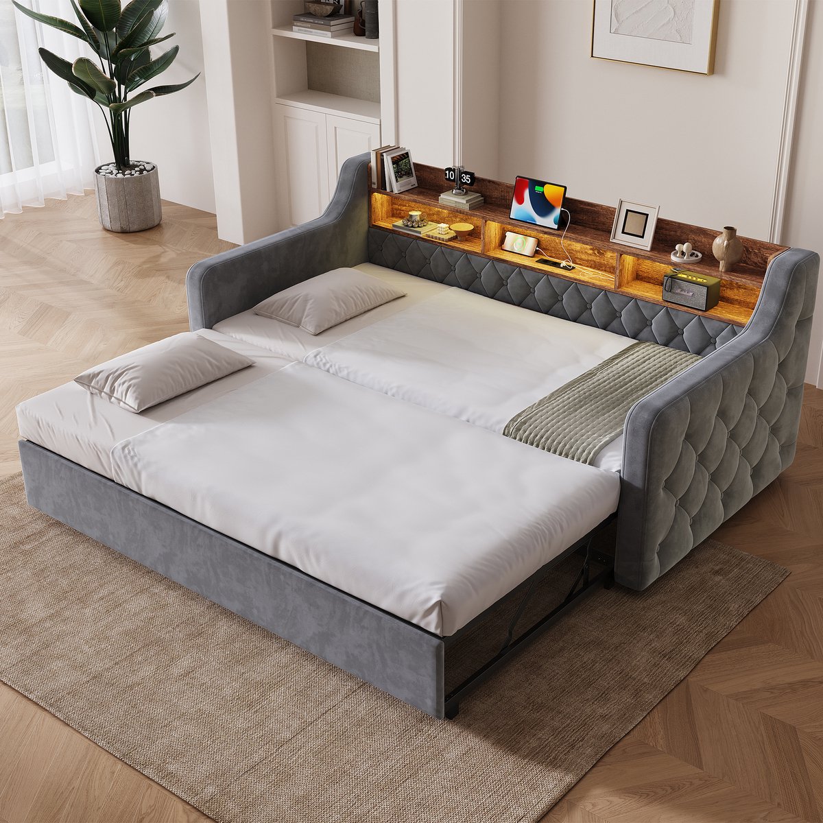 Slaapbank 90x190 cm Met Uitschuifbaar Bed, Kinderbed, Fluwelen Slaapbank Met Armleuningen, Houten Hoofdbord Met Opbergruimte, Ledverlichting, Usb- En Type-C-Aansluiting, Lattenbodem, Daybed Voor Logeerkamer En Woonkamer-Donkergrijs