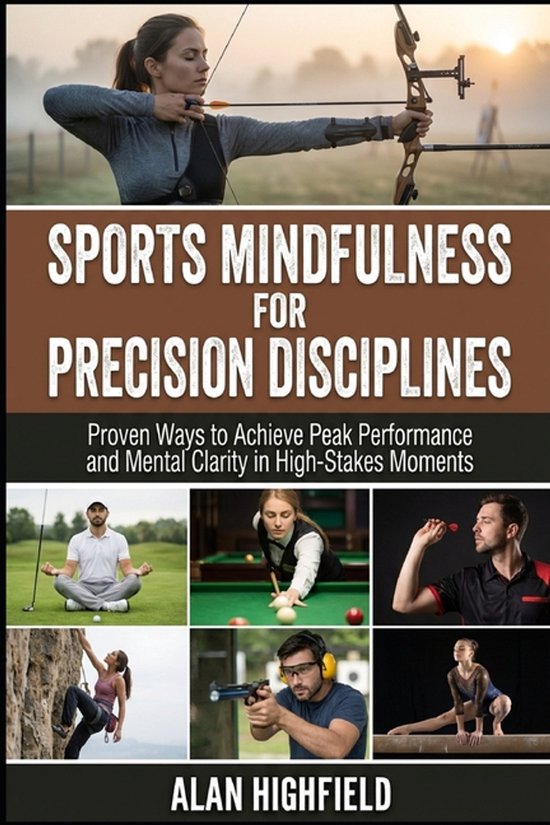 Boekomslag 'Sports Mindfulness for Precision Disciplines' met een boogschutter en kleinere afbeeldingen van sporten.