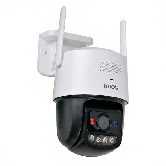 Imou Titan Pro 4K PTZ beveiligingscamera met 2 antennes, wit met zwarte bewegende kop. De camera heeft vier infraroodlampen.
