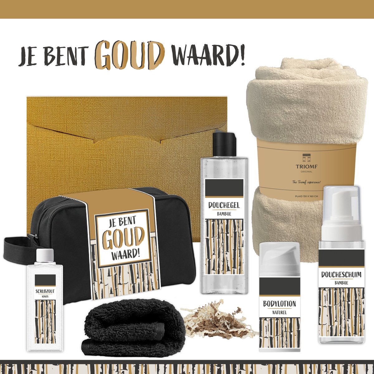 Geschenkset “Je bent goud waard!” - 7 producten - 1390 gram | Giftset voor hem Vader Papa Cadeau Luxe Wellness Pakket Man Speciaal Cadeaupakket Doos Handdoeken Fleecedeken Geschenk Cadeaudoos Verjaardag Vaderdag Gift Set Douche Beige Goud