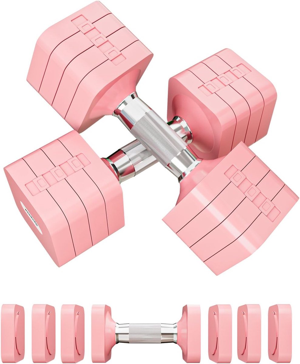 SnelShoppen - Passer 10 kg Verstelbare Halterset, 4-in-1 Vrije Gewichtenset voor Thuis Krachttraining, Roze voor Vrouwen en Mannen