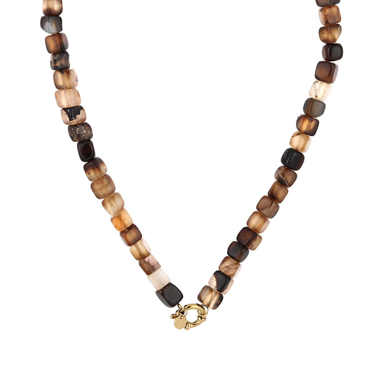 Vierkante Natuurstenen Kralenketting – Natuurstenen Kralen Ketting – RVS - Bruin