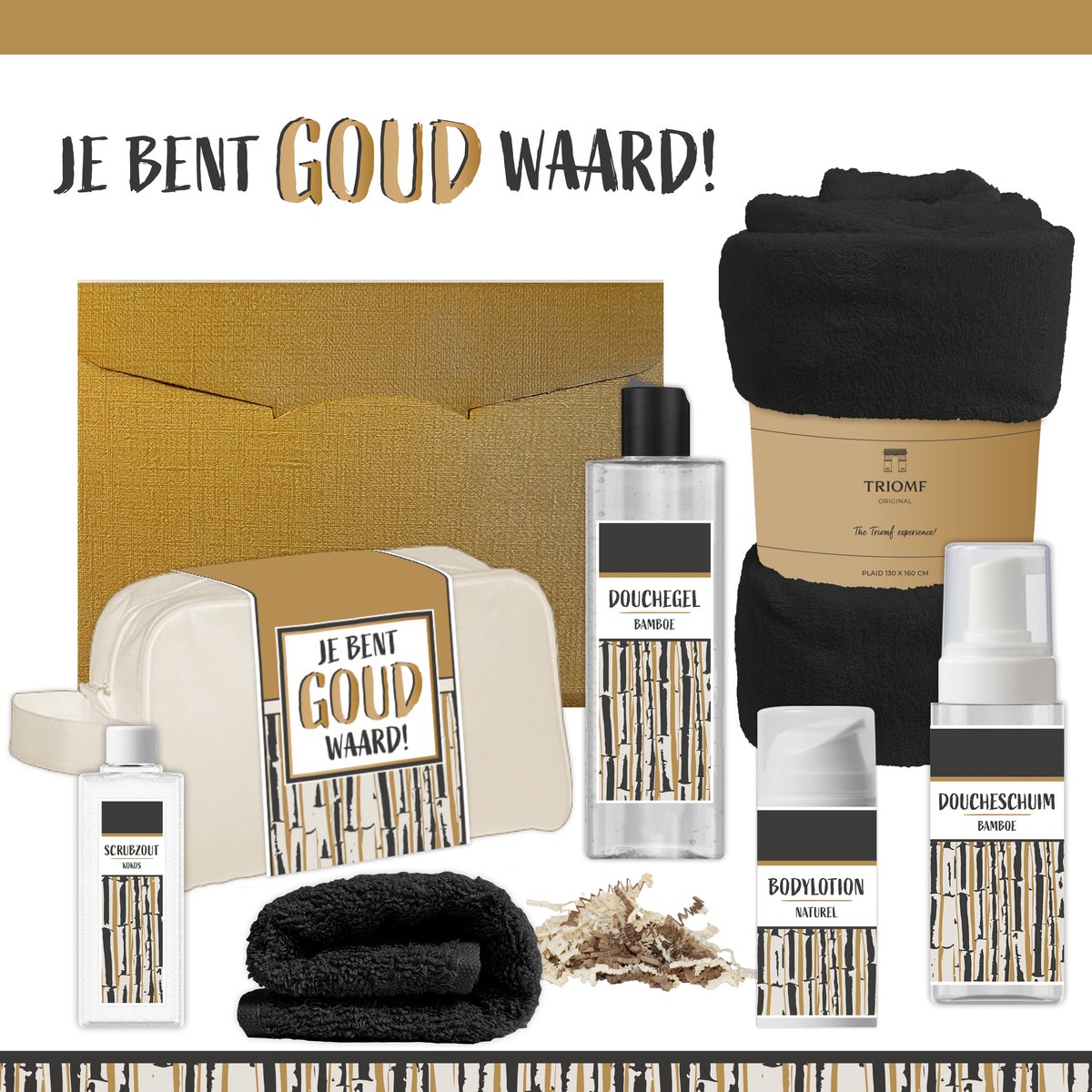 Geschenkset “Je bent goud waard!” - 7 producten - 1390 gram | Giftset voor hem Vader Papa Cadeau Luxe Wellness Pakket Man Speciaal Cadeaupakket Doos Handdoeken Fleecedeken Geschenk Cadeaudoos Verjaardag Vaderdag Gift Set Douche Zwart Beige Goud