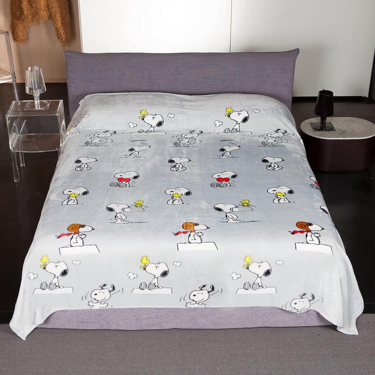 SnelShoppen - Kanguru Tweepersoons Snoopy Fleece Dekbed – Zachte Microfiber Plaid voor Bed en Bank, Grijs, 230×230 cm, Perfect voor Kinderen en Volwas