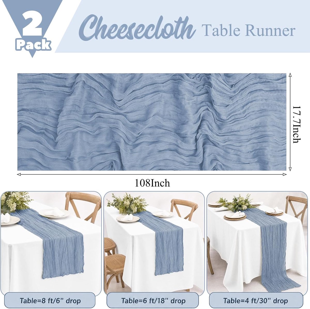 2 stuks Stoffige blauwe tafellopers 43 x 274 cm kaasdoek tafelloper lange boho kaasdoek tafelloper semi-transparante - ShopVlot